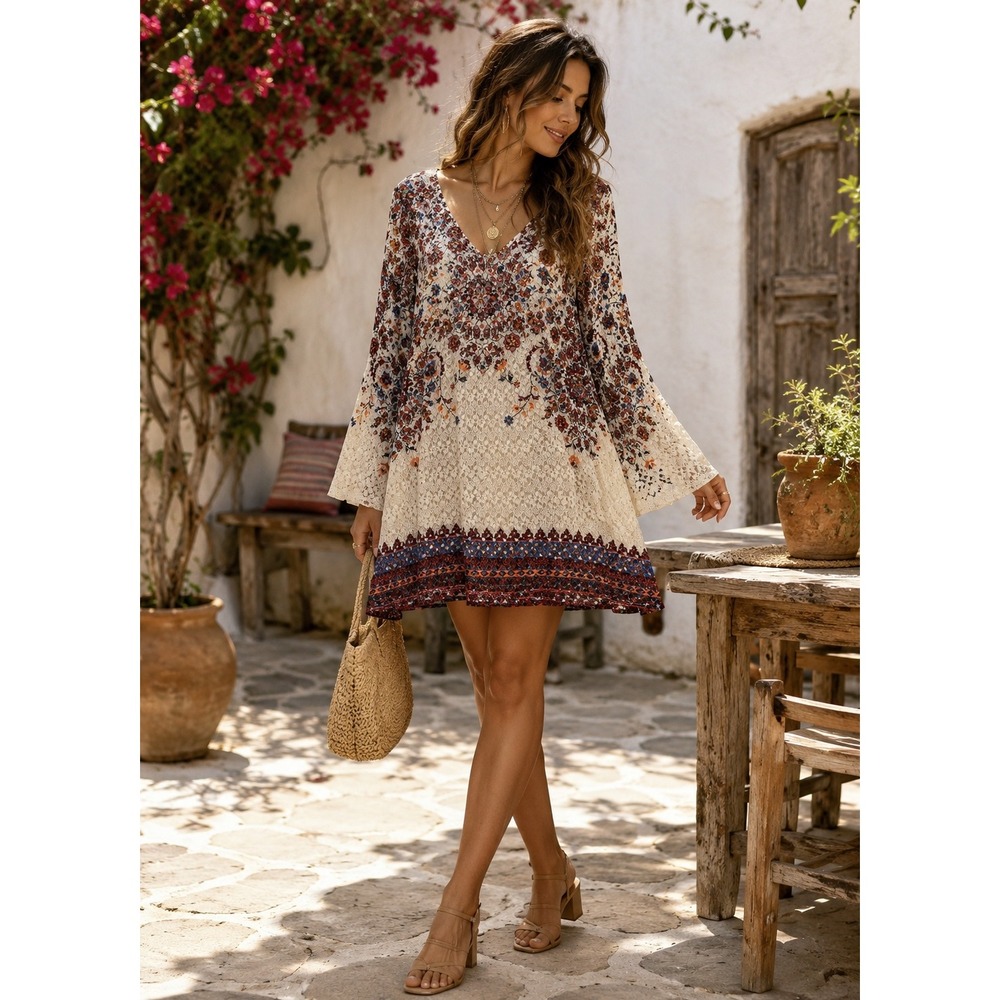 Xhilaration Floral Lace Bell Sleeve Mini Dress Cream Boho Tie Back Medium